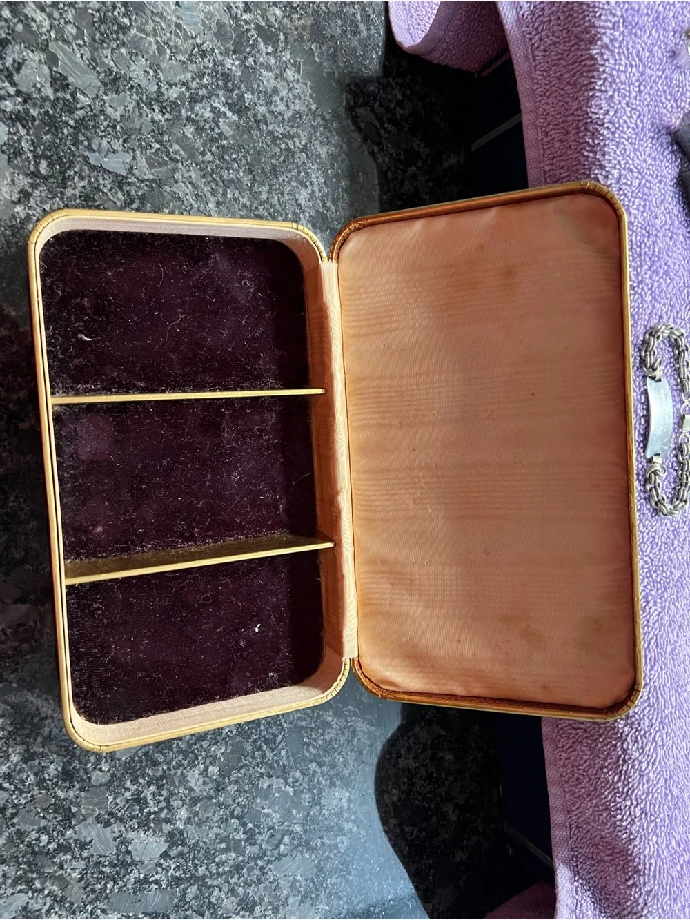 Vintage Velvet-Lined Jewelry Box in Peach and Deep Plum